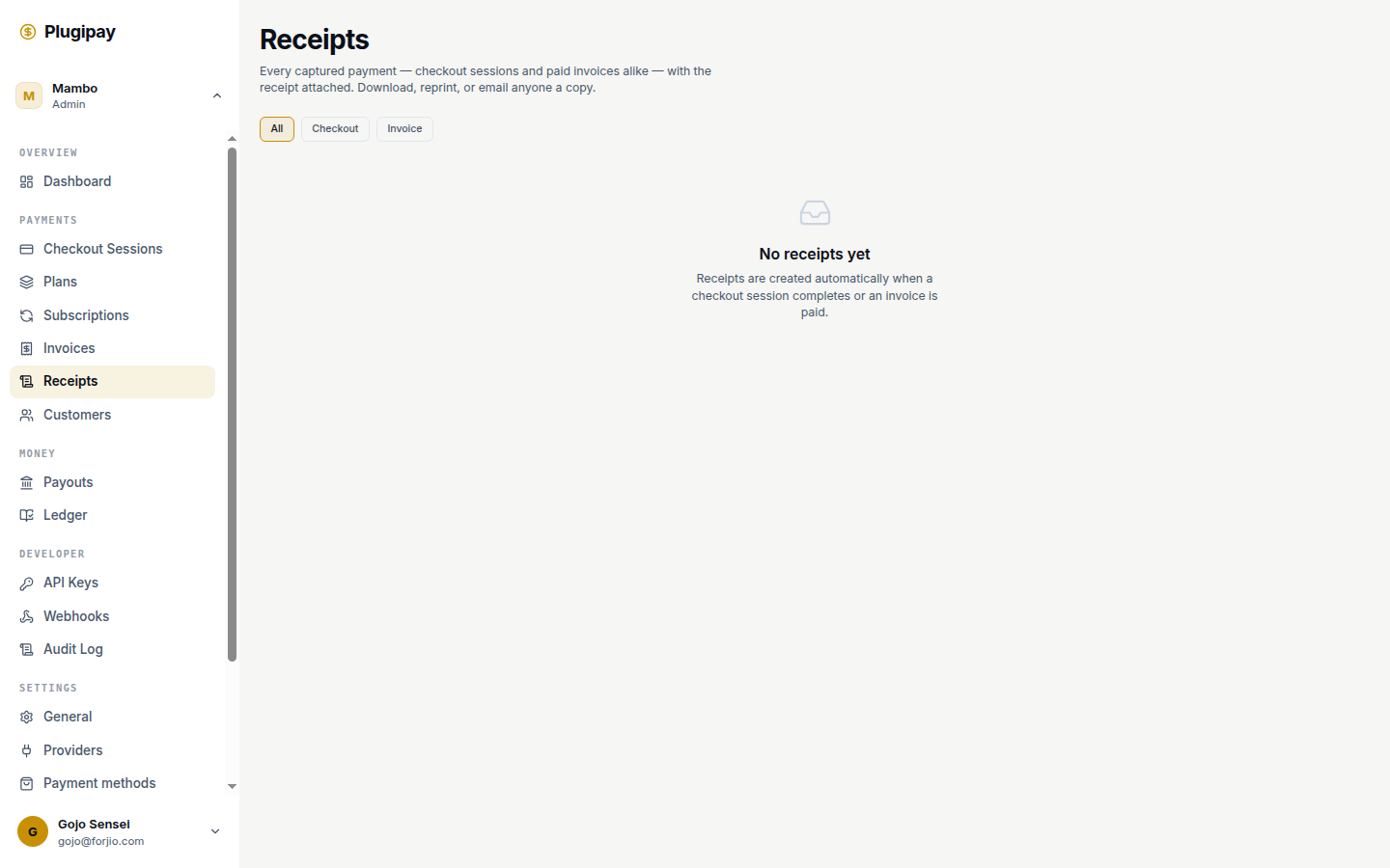 Plugipay portal: receipts