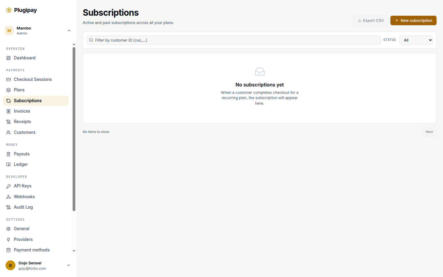 Plugipay portal: subscriptions